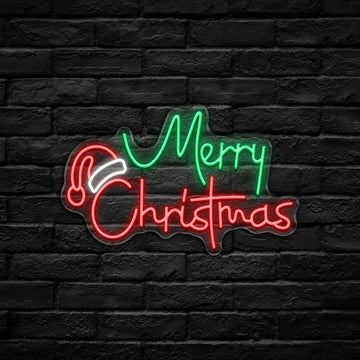 Merry Christmas with Hat LED Neon Sign (USB-Dimmable 43cm x 26cm)