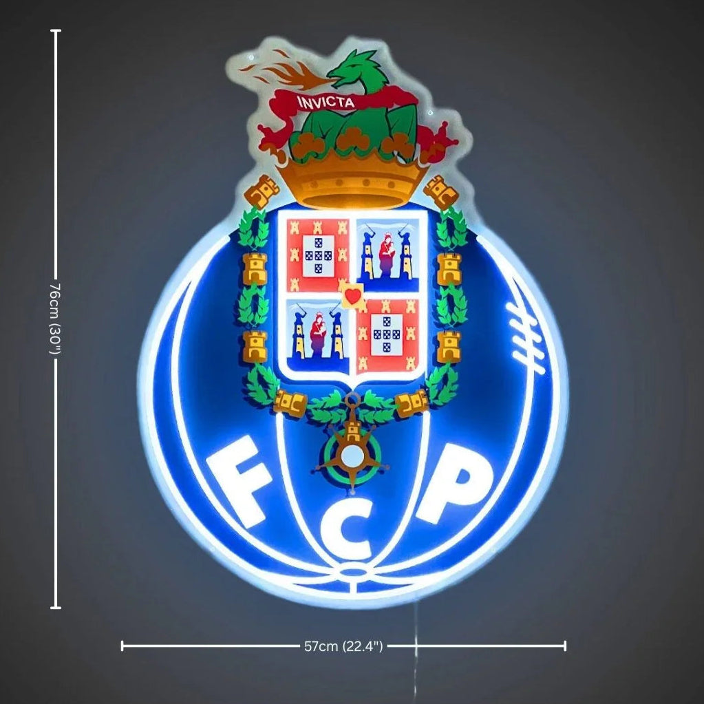 FC Porto Club Emblem LED Neon Sign – 3D Push-Through Letters & Seamless Faux Neon