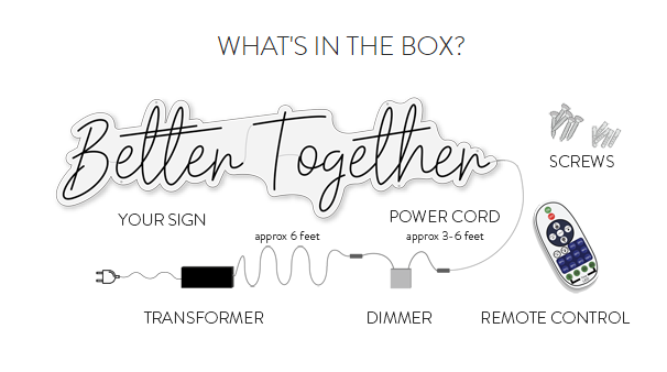 What's in the box: Your custom neon sign, power cord, screws, remote control, dimmer, transformer