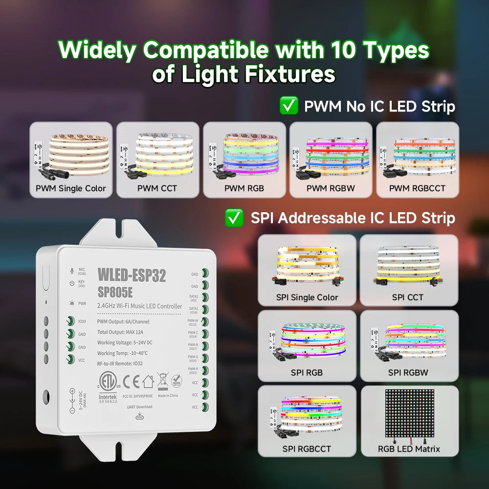 NEW WLED ESP32 Controller SP805E WiFi Music LED Strip SPI WS2811 WS2812 WS2814 WS2815 SK6812 Addressable PWM CCT RGB USB-C UAR