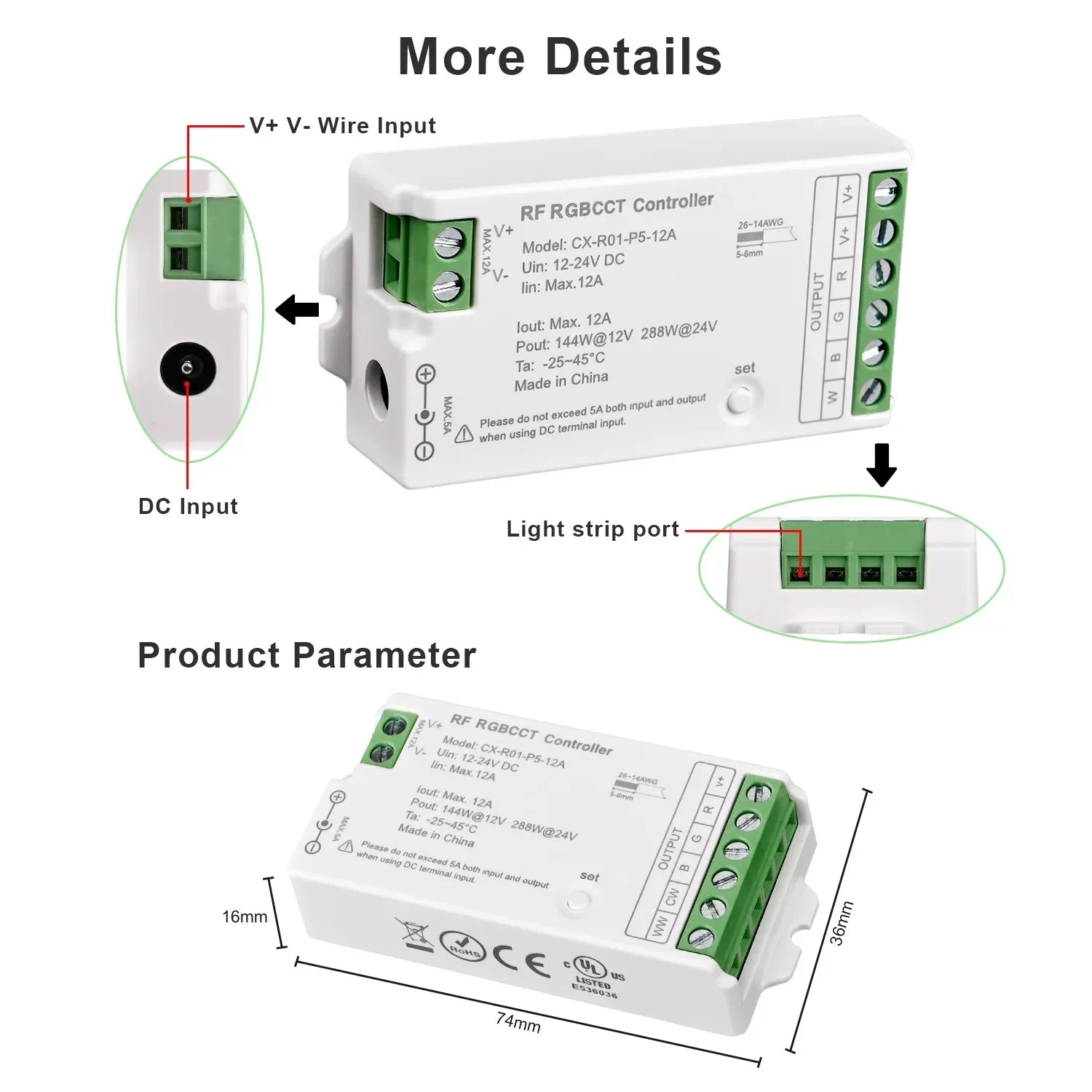UL-Listed 2.4GHz RF LED Controller with Remote – Dimmable for DIM, CCT, RGB, RGBW, RGBCCT LED Strips (DC 12V–24V, Max 288W)