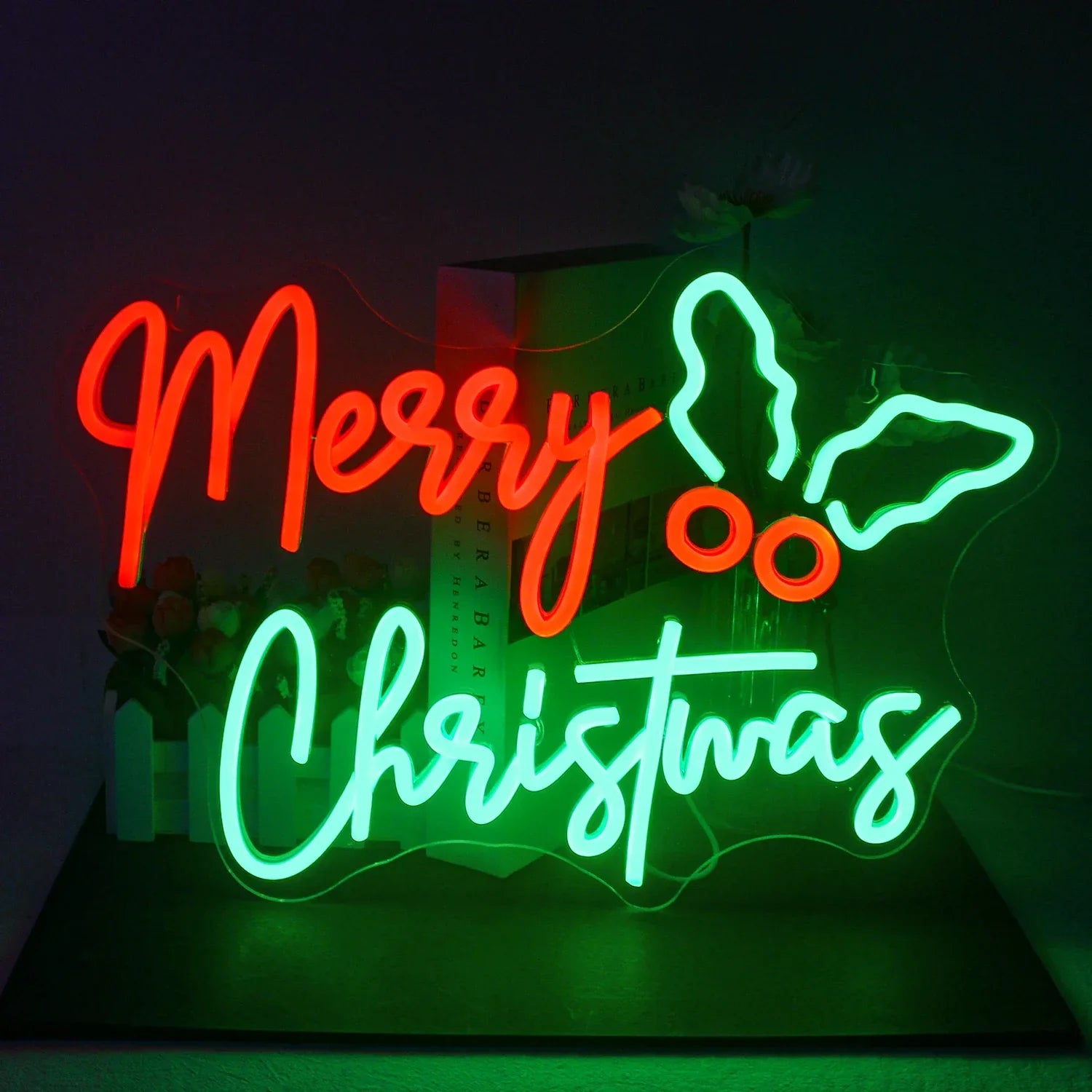 Merry Christmas Holly LED Neon Sign (USB-Dimmable 42cm x 30cm)