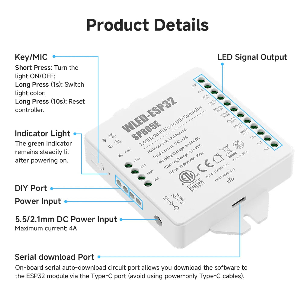 NEW WLED ESP32 Controller SP805E WiFi Music LED Strip SPI WS2811 WS2812 WS2814 WS2815 SK6812 Addressable PWM CCT RGB USB-C UAR