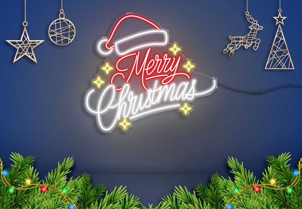 Merry Christmas with Stars and Christmas Hat - Neonific - LED Neon Signs - Large (125cm x 113cm) -