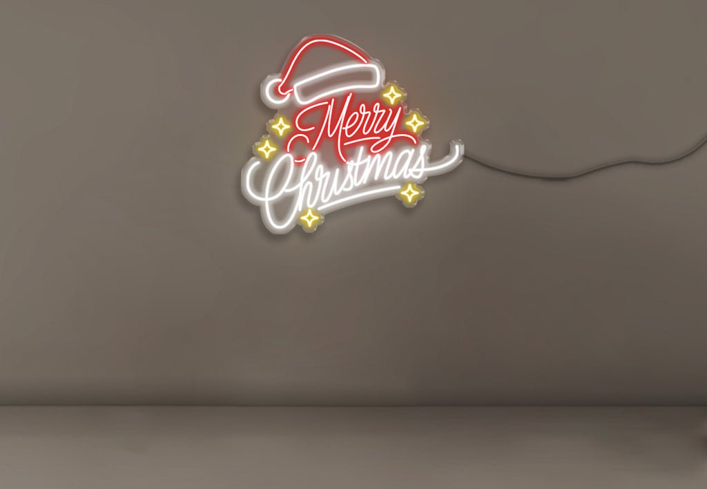 Merry Christmas with Stars and Christmas Hat - Neonific - LED Neon Signs - Medium (100cm x 89cm) -
