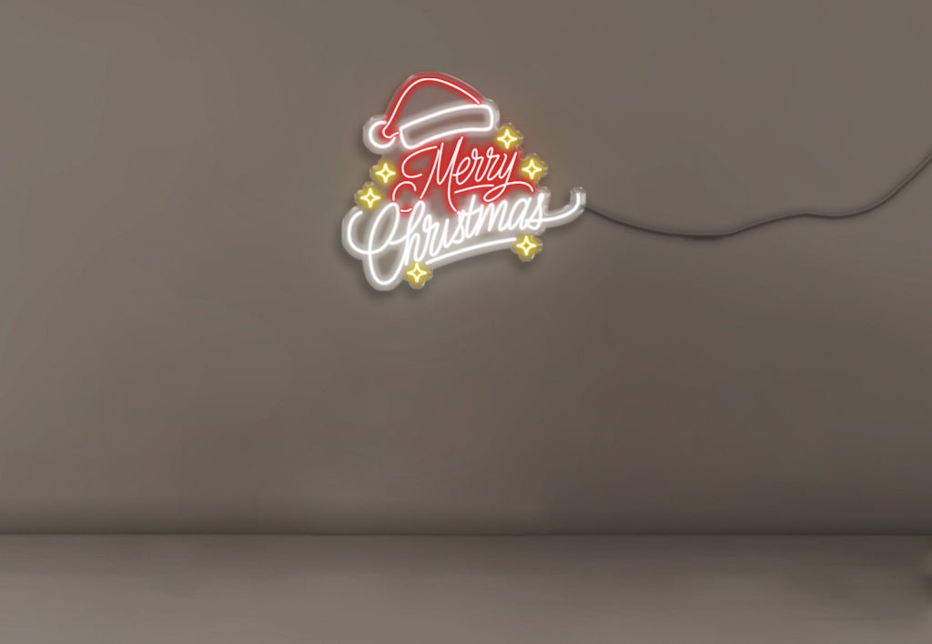 Merry Christmas with Stars and Christmas Hat - Neonific - LED Neon Signs - Small (75cm x 68cm) -
